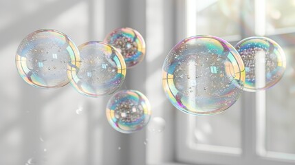   Soap bubble cluster reflected on window frame
