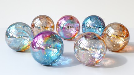   A cluster of shimmering glass orbs resting atop a pristine white table alongside an adjacent surface