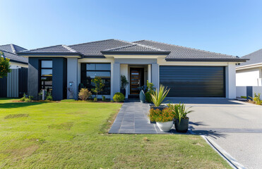 Fototapeta na wymiar front view of modern simple home in shire grey and white with dark gray accents, front yard has grass and potted plants, with a large black garage door on the right side of house