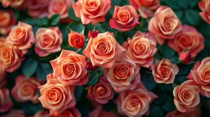   A close-up shot of multiple orange and pink roses with green foliage at the base and top of the petals