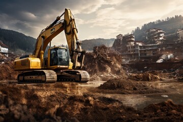 Fototapeta na wymiar Heavy machinery digging up earth at a construction site, close up of Backhoe bucket working on old building demolition site, AI generated