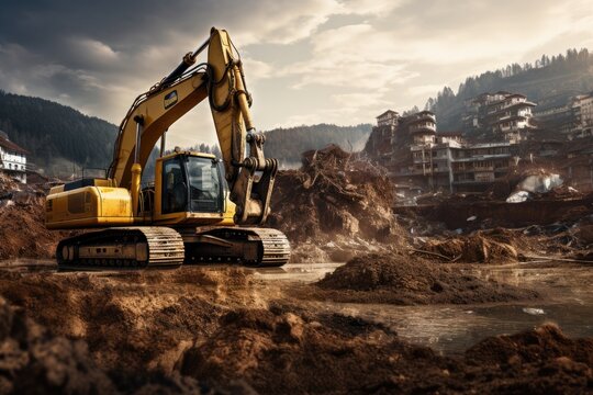Heavy machinery digging up earth at a construction site, close up of Backhoe bucket working on old building demolition site, AI generated
