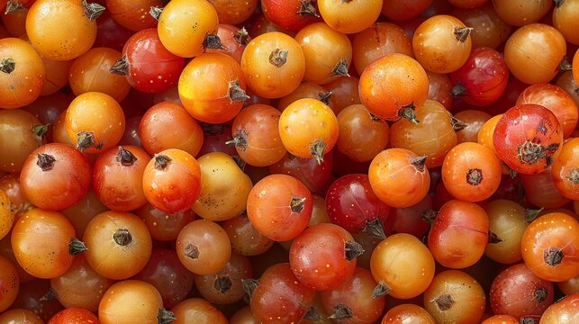   A close-up of vibrant orange and red tomatoes, adorned with green foliage above and ripe red and yellow fruits beneath