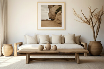Tranquil Scandinavian-style lounge area with twin sofas, a weathered wooden table, and an empty...