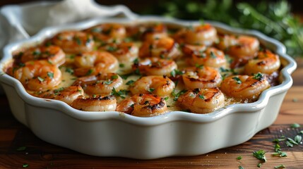   A casserole dish overflowing with succulent shrimp, elegantly adorned with vibrant parsley atop a rustic wooden table