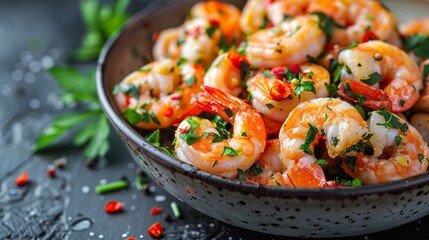   A bowl brimming with succulent cooked shrimp artfully adorned with both cilantro and parsley