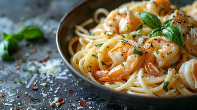   A bowl of pasta with shrimp, parmesan, and basil on a gray table