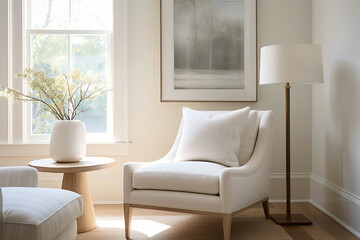 Tranquil living room ambiance with white frame, armchair, table, lamp.