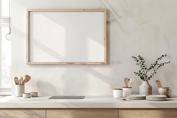 Modern interior design of kitchen space with empty wooden frame on the wall, mock up Minimalistic concept of kitchen space on country side. Natural climat.