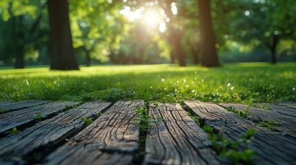  Sunlight filters through tree branches and lush grass onto a wooden deck in a green park where blades of grass carpet the earth below
