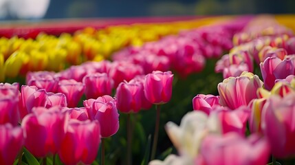 Tulip fields at the start of spring, Lisse, Netherlands, different color  Tulip Fields Zoom out to reveal endless rows spring background, ai generated  - obrazy, fototapety, plakaty
