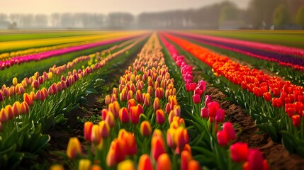 Tulip fields at the start of spring, Lisse, Netherlands, different color  Tulip Fields Zoom out to reveal endless rows spring background, ai generated 