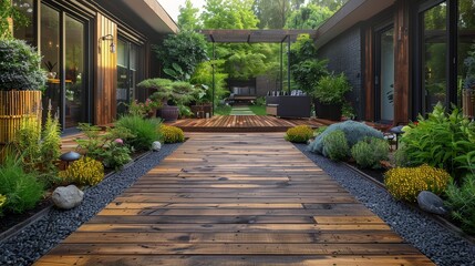   A wooden path leads to a home surrounded by lush vegetation on either side, featuring a bench at its end