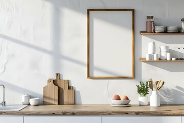 Modern interior design of kitchen space with empty wooden frame on the wall, mock up Minimalistic concept of kitchen space on country side. Natural climat.