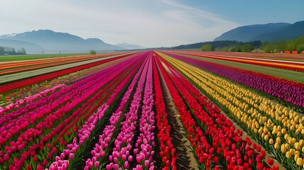 Tulip fields at the start of spring, Lisse, Netherlands, different color  Tulip Fields Zoom out to reveal endless rows spring background, ai generated 