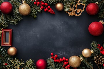   A black backdrop adorned with red and gold Christmas ornaments, plus a red picture frame embellished with a gold ornament