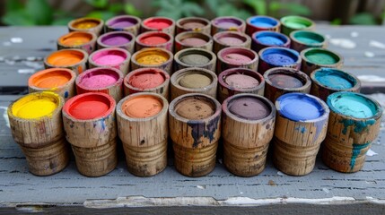   A cluster of painted wooden barrels arranged on a wooden table