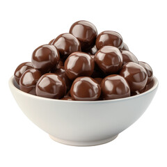 Chocolate malt balls on white bowl isolated on transparent background