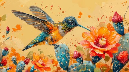   A vibrant depiction of a bird perched atop a cactus and succulent arrangement against a sunny backdrop