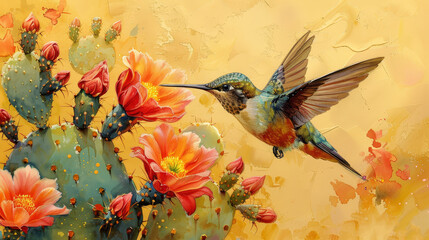   Painting of Hummingbird in Flight Over Cactus