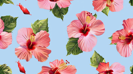 pink hibiscus flowers hawaiian pattern on light blue background.
