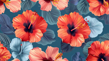 pink and red hibiscus flowers hawaiian pattern on blue background.