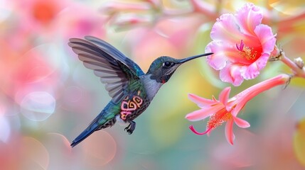   A hummingbird hovering above a red-hearted pink flower
