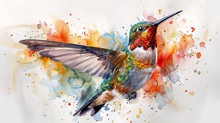   A vibrant watercolor depiction of a hummingbird in mid-flight, adorned with vivid pigment splatters on its iridescent wings