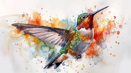 Papier Peint photo Papillons en grunge   A vibrant watercolor depiction of a hummingbird in mid-flight, adorned with vivid pigment splatters on its iridescent wings