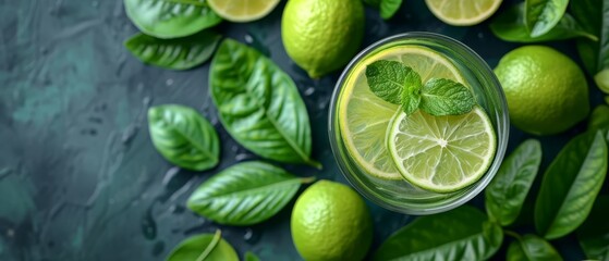   A tight shot of a glass filled with lemonade, adorned with mint leaves and lime slices, atop a verdant surface