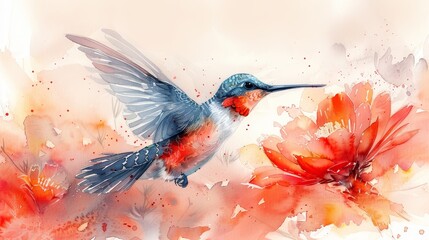   A stunning watercolor depiction of a graceful hummingbird in motion against a serene white backdrop, surrounded by vibrant red and orange blossoms