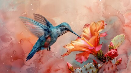  A hummingbird hovers above a flower with two cacti in the foreground and background