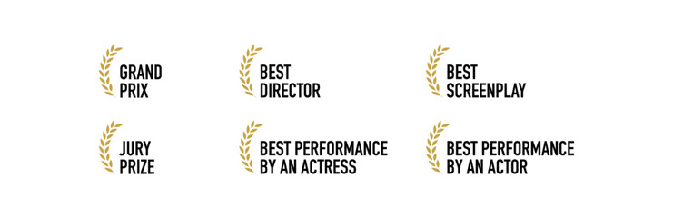 Film festival award nominations and winners - best director, actor, actress, screenplay, jury prize, grand prix - black, golden and white laurel and text vector icon set - obrazy, fototapety, plakaty