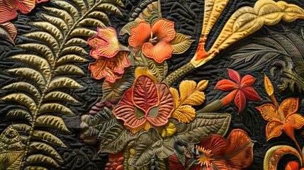 Close up of Handmade orange, green and yellow hawaiian flower pattern bedspread. - obrazy, fototapety, plakaty