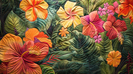 Hawaiian quilt hibiscus flowers and foliage nature patterns blanket. - obrazy, fototapety, plakaty