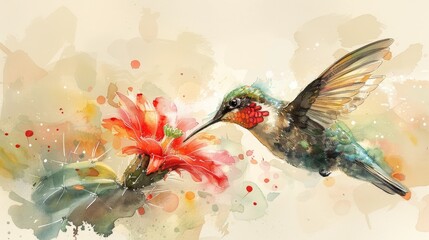   Watercolor Hummingbird with Flower and Splash