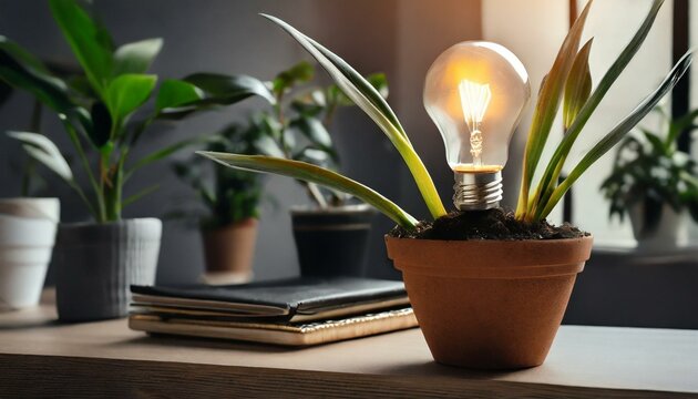 Pflanze mit Glühbirne auf Schreibtisch