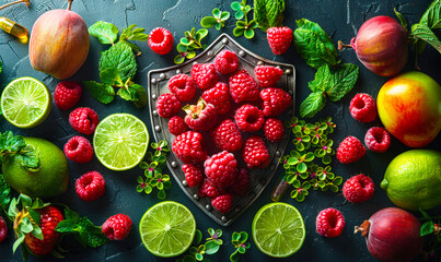 Immune system as shield shaped organ, surrounded by protective elements like raspberries, limes, and vitamins, representing body's defense mechanisms bolstered by a healthy diet rich in antioxidants - obrazy, fototapety, plakaty