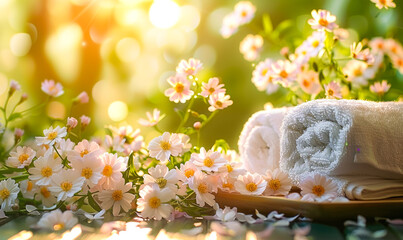 Obraz na płótnie Canvas Tranquil spa setting with rolled towels, fresh flowers, and natural elements creating a serene atmosphere for relaxation, pampering, and wellness treatments focused on rejuvenation and self care