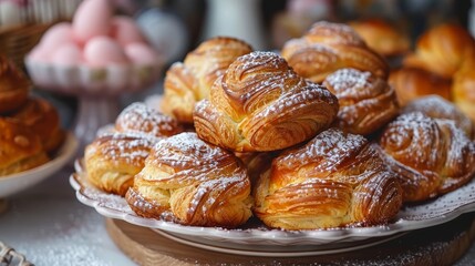   A stack of croissants on a plate beside a bowl of more croissants