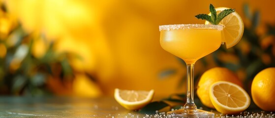   A tight shot of a lemon-adorned wine glass holding a drink, accompanied by a pineapple alongside