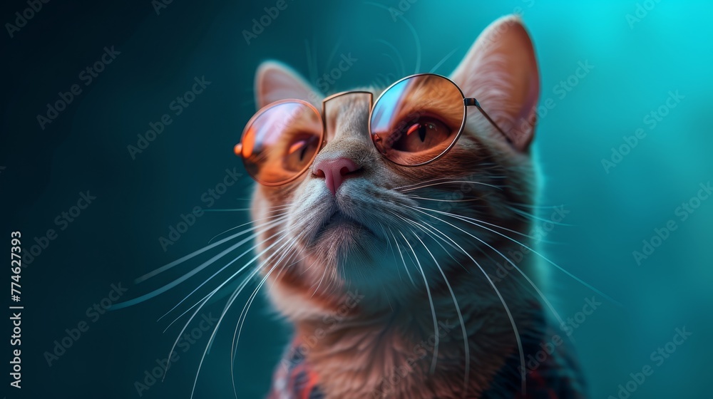 Wall mural   A tight shot of a feline donning spectacles – reflections of another cat in its glassy orbs