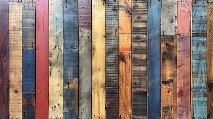   A photo of a wooden fence adorned with various hues of paint and a clock mounted on its side