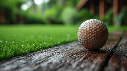   A tight shot of a golf ball atop a wooden tee, situated before a lush, green grassy expanse and a house visible in the background - obrazy, fototapety, plakaty