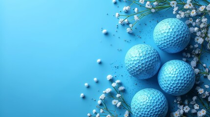 Fototapeta na wymiar Four blue golf balls atop a blue surface Nearby, a bouquet of baby's breath flowers