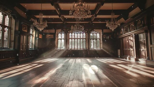 elegant vintage inspired ballroom set in a castle with sunlight from window. seamless looping overlay 4k virtual video animation background