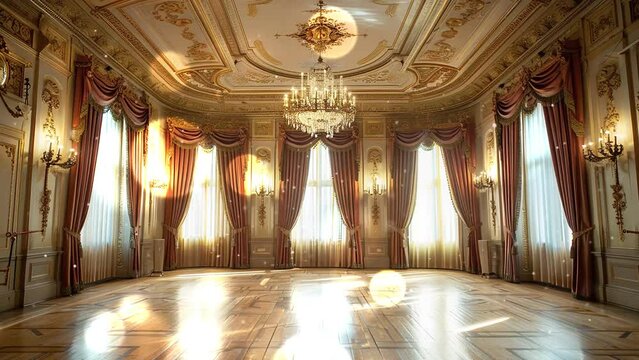 inspired ballroom set in an era. luxury palace architecture. seamless looping overlay 4k virtual video animation background