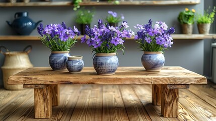 Fototapeta na wymiar Three vases containing purple flowers rest on a wooden table near a plant shelf