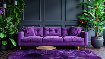 Fotobehang   A cozy living space featuring a plush purple couch, lush potted plants, and a circular coffee table centrally positioned within the room © Shanti