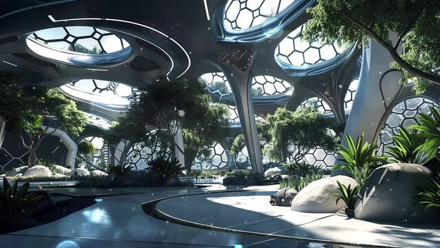 futuristic technology background. futuristic biosphere ballroom within an artificial. seamless looping overlay 4k virtual video animation background